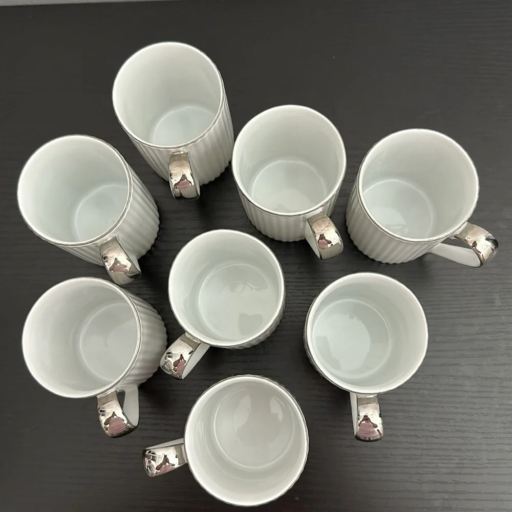8 Vintage Ucagco White Ribbed Porcelain Silver Trim Demitasse Tea Cups